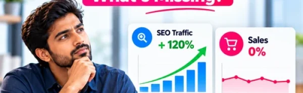 SEO Conversion Optimization infographic showing increasing organic search traffic but stagnant sales, highlighting the gap between website visitors and business conversions.