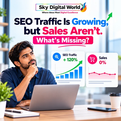 SEO Conversion Optimization infographic showing increasing organic search traffic but stagnant sales, highlighting the gap between website visitors and business conversions.