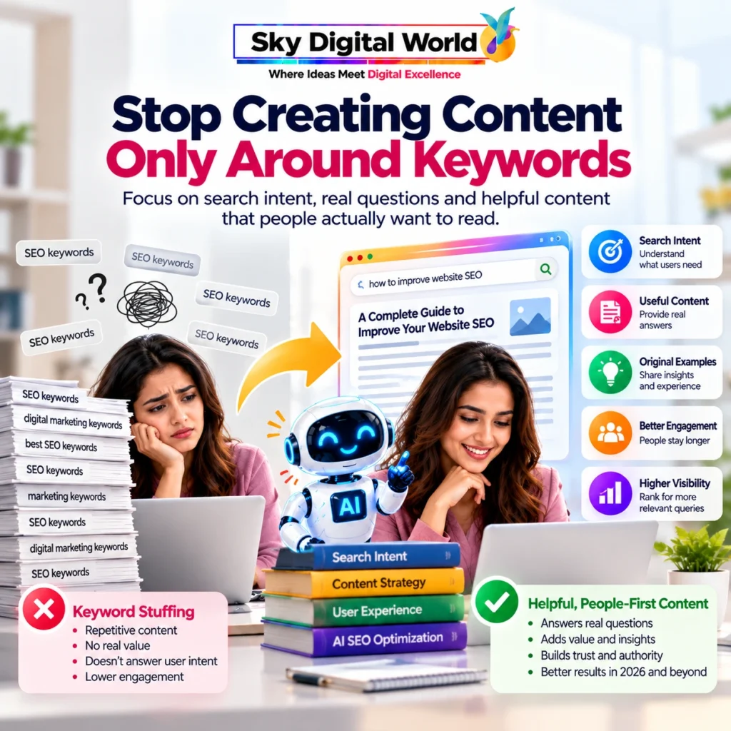 AI SEO strategy showing the difference between keyword stuffing and helpful people-first content based on search intent and real customer questions