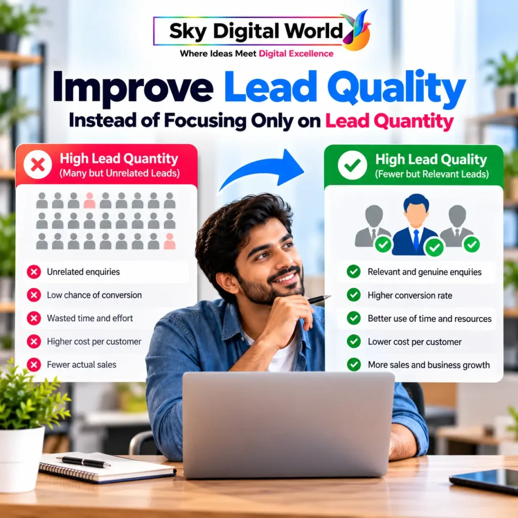Lead Generation Services India infographic comparing high lead quantity with high lead quality, highlighting relevant enquiries, better conversion opportunities and efficient use of resources.