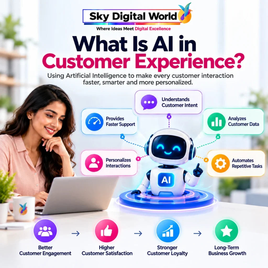 AI Customer Experience showing how artificial intelligence provides faster support, understands customer intent, personalizes interactions and analyzes customer data