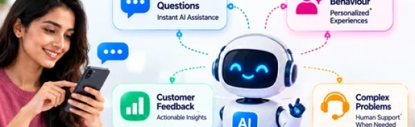 AI Customer Experience showing how artificial intelligence improves customer support, personalization, feedback insights and human-assisted service