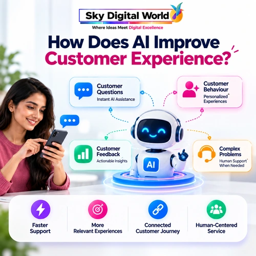 AI Customer Experience showing how artificial intelligence improves customer support, personalization, feedback insights and human-assisted service