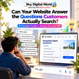 Answer Engine Optimization infographic showing customer search questions connected to a website FAQ section, illustrating answer-focused SEO and helpful website content.