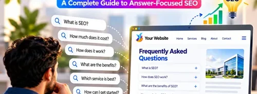 Answer Engine Optimization infographic showing customer search questions connected to a website FAQ section, illustrating answer-focused SEO and helpful website content.