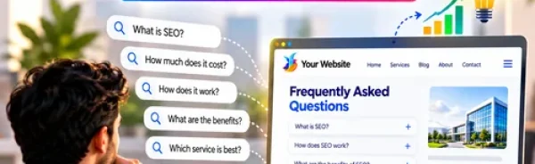 Answer Engine Optimization infographic showing customer search questions connected to a website FAQ section, illustrating answer-focused SEO and helpful website content.