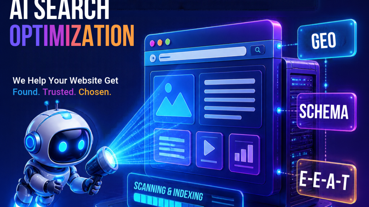 Illustration of a website dashboard optimized for GEO AI Search Optimization connected to ChatGPT, Perplexity, and Google Gemini.
