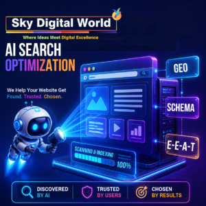 Illustration of a website dashboard optimized for GEO AI Search Optimization connected to ChatGPT, Perplexity, and Google Gemini.