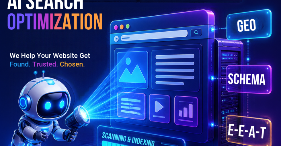 AI Search Optimization (GEO) Blog Featured Image Illustration of a website dashboard optimized for GEO AI Search Optimization connected to ChatGPT, Perplexity, and Google Gemini.