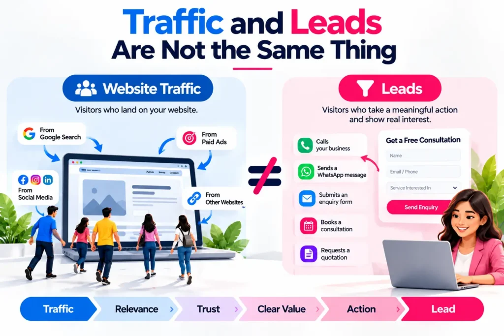 Website Conversion Optimization India infographic explaining the difference between website traffic and qualified leads from calls, WhatsApp, enquiry forms and consultations