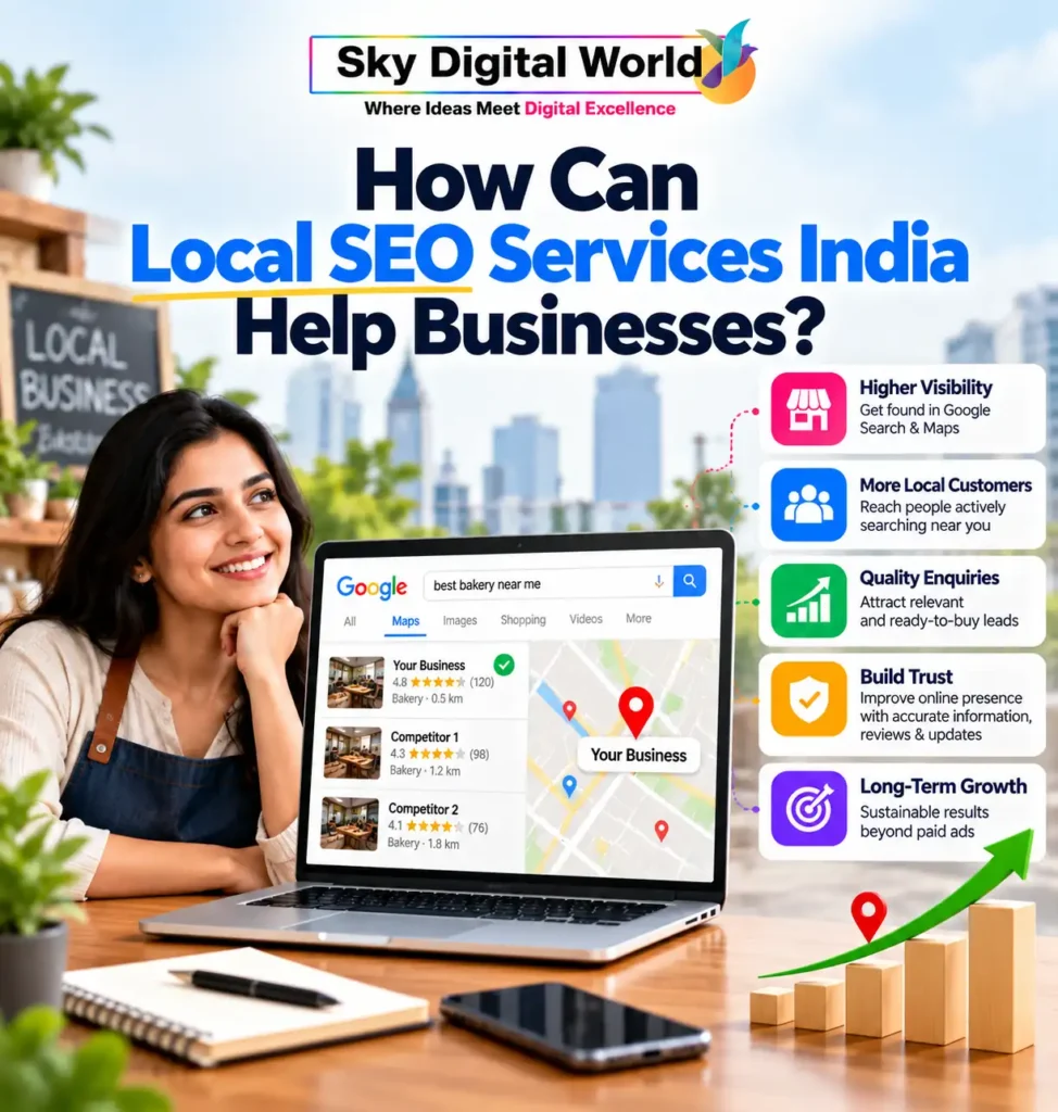 Local SEO Services India infographic showing how Google Maps visibility, local customer reach, quality enquiries and business trust support long-term growth.