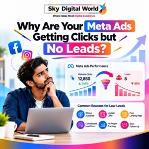 Meta Ads Services India infographic showing high Facebook and Instagram ad clicks but low lead generation, highlighting common conversion problems.