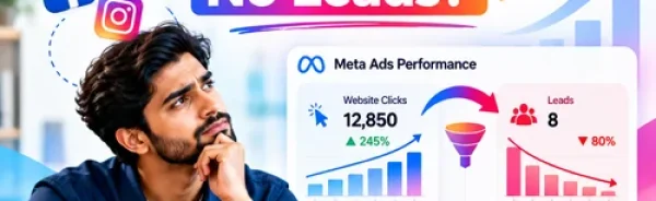 Meta Ads Services India infographic showing high Facebook and Instagram ad clicks but low lead generation, highlighting common conversion problems.