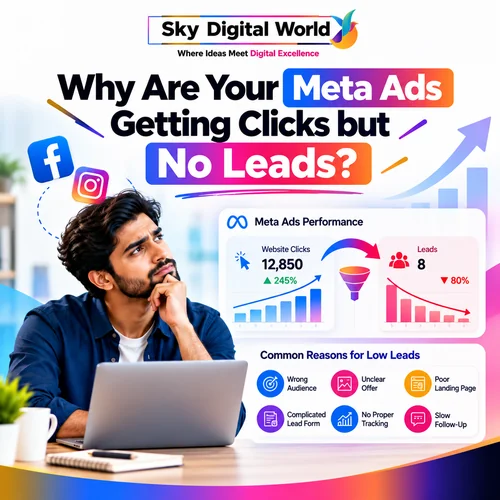 Meta Ads Services India infographic showing high Facebook and Instagram ad clicks but low lead generation, highlighting common conversion problems.