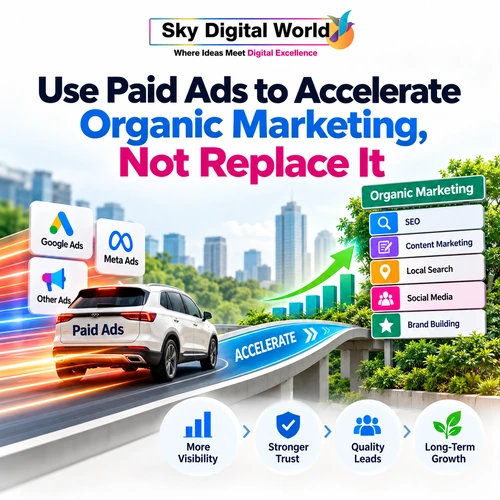 Use Paid Ads to Accelerate Organic Marketing, Not Replace It Organic Marketing Services India showing paid advertising accelerating SEO, content marketing, local search, social media and brand building
