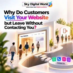 Website Conversion Optimization illustration showing visitors leaving a business website without contacting the company, despite available WhatsApp, phone, email and enquiry options.
