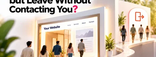 Website Conversion Optimization illustration showing visitors leaving a business website without contacting the company, despite available WhatsApp, phone, email and enquiry options.