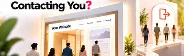 Website Conversion Optimization illustration showing visitors leaving a business website without contacting the company, despite available WhatsApp, phone, email and enquiry options.