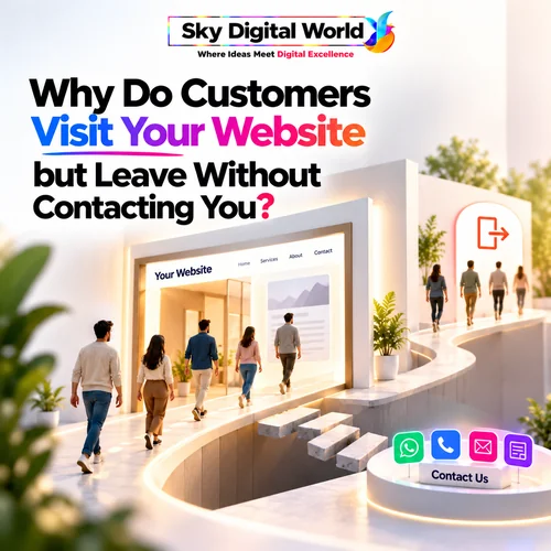 Website Conversion Optimization illustration showing visitors leaving a business website without contacting the company, despite available WhatsApp, phone, email and enquiry options.