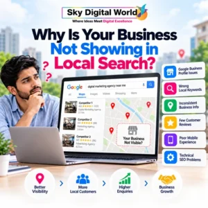 Local SEO Services India infographic showing why businesses are not appearing in Google Maps and local search results due to profile issues, wrong keywords, inconsistent information and technical SEO problems.