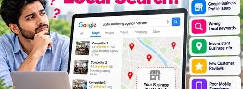 Local SEO Services India infographic showing why businesses are not appearing in Google Maps and local search results due to profile issues, wrong keywords, inconsistent information and technical SEO problems.
