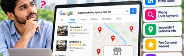 Local SEO Services India infographic showing why businesses are not appearing in Google Maps and local search results due to profile issues, wrong keywords, inconsistent information and technical SEO problems.