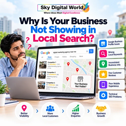 Local SEO Services India infographic showing why businesses are not appearing in Google Maps and local search results due to profile issues, wrong keywords, inconsistent information and technical SEO problems.