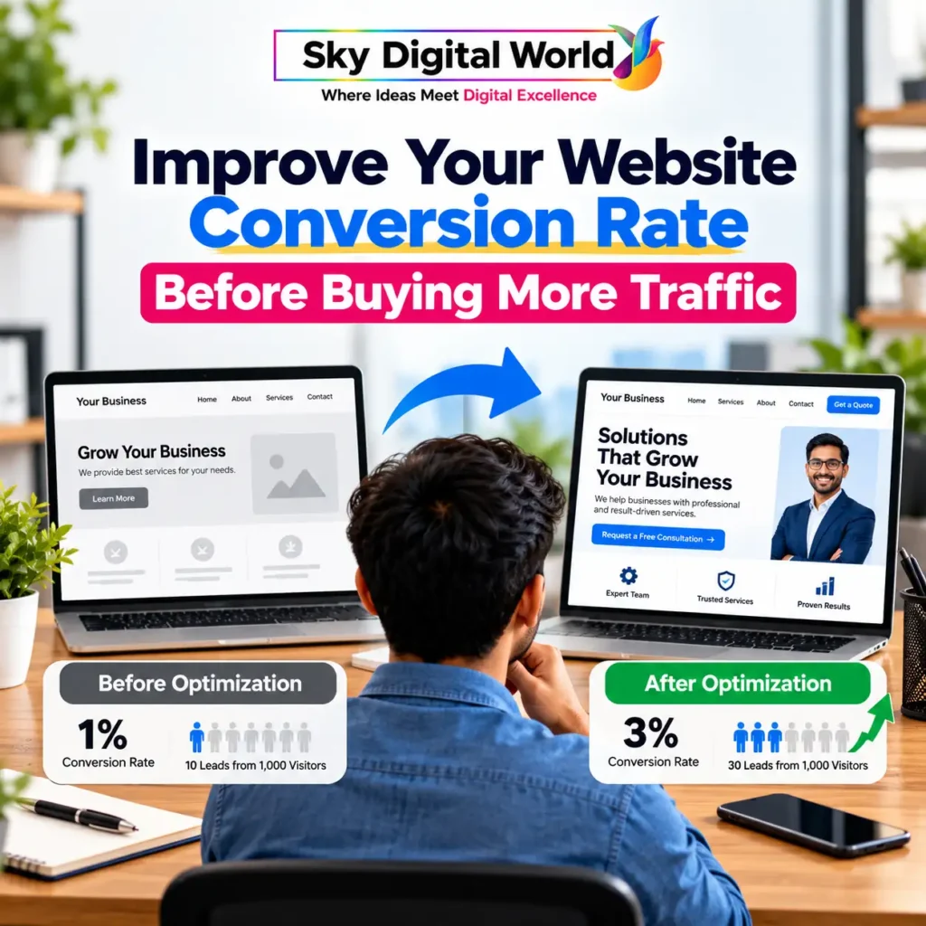 Lead Generation Services India infographic comparing website conversion rates before and after optimization, showing how 1,000 visitors can generate 10 versus 30 leads.