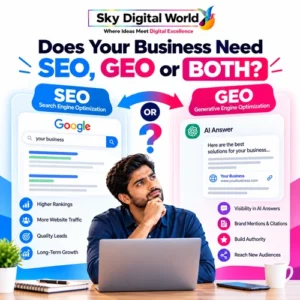 SEO GEO Services India infographic comparing Search Engine Optimization and Generative Engine Optimization to help businesses understand traditional search visibility and AI-powered search.