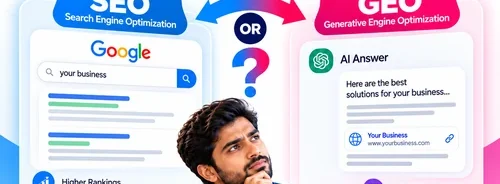 SEO GEO Services India infographic comparing Search Engine Optimization and Generative Engine Optimization to help businesses understand traditional search visibility and AI-powered search.