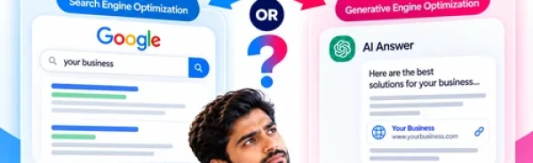 SEO GEO Services India infographic comparing Search Engine Optimization and Generative Engine Optimization to help businesses understand traditional search visibility and AI-powered search.
