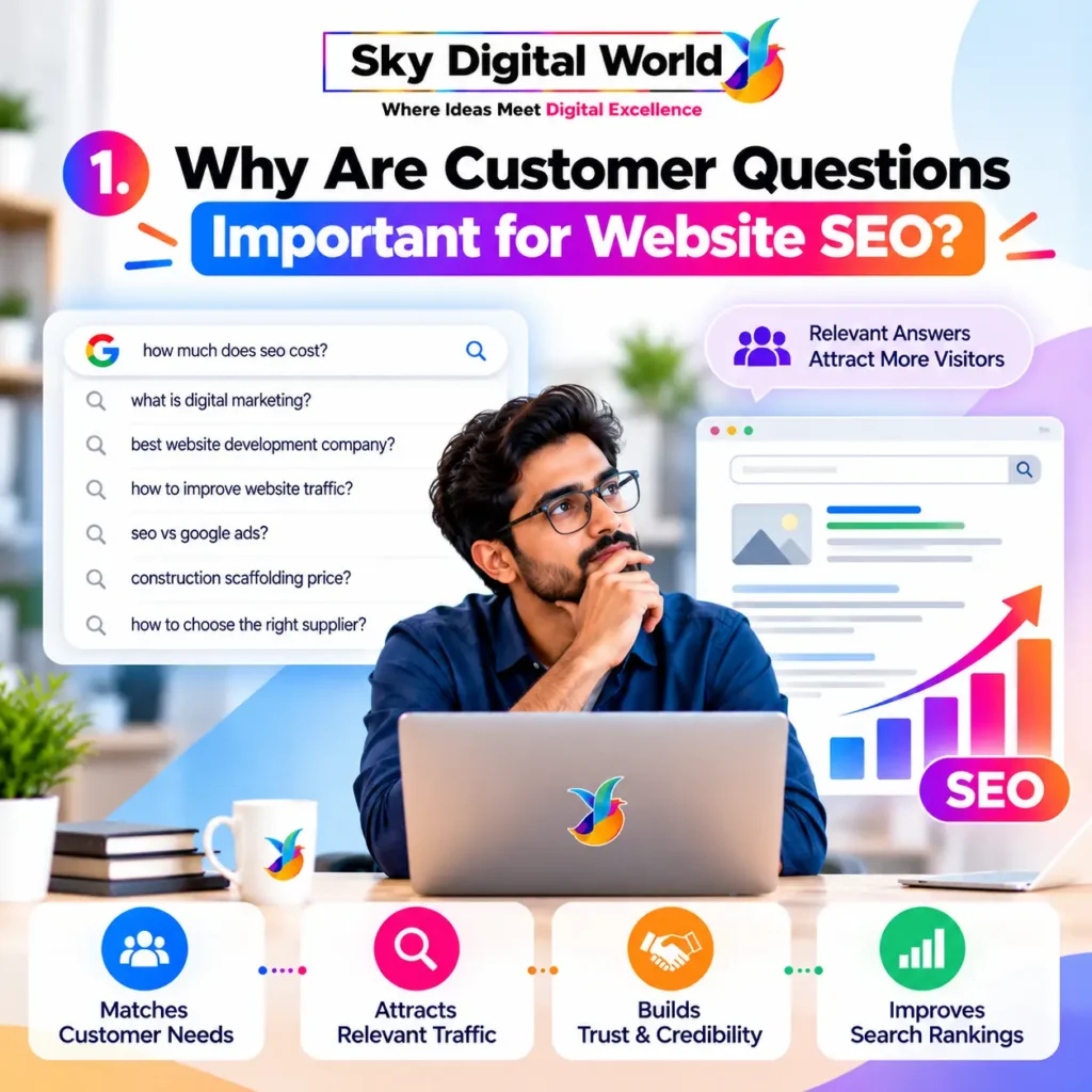 Answer Engine Optimization infographic showing why customer questions are important for website SEO, including search intent, relevant traffic, customer trust and search visibility.