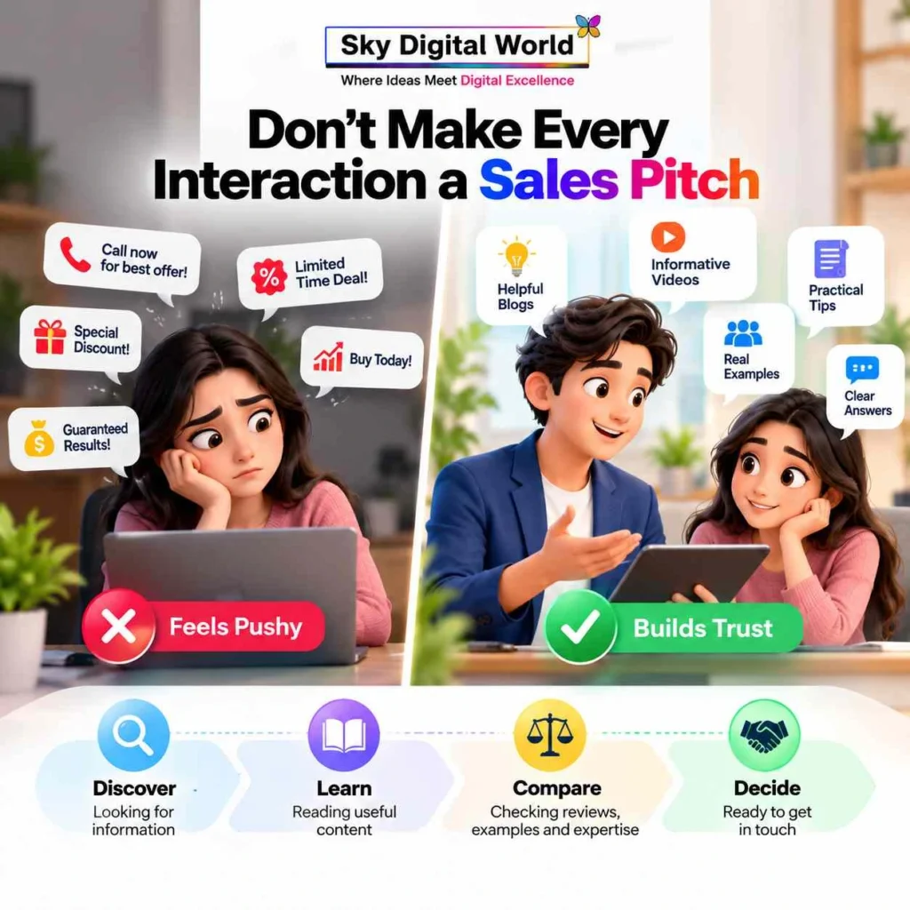 Service business marketing comparison showing how helpful content can build customer trust instead of making every interaction a sales pitch