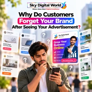 Brand Recall Marketing illustration showing a customer viewing multiple advertisements on a smartphone and the importance of memorable brand advertising.