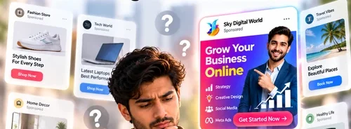 Brand Recall Marketing illustration showing a customer viewing multiple advertisements on a smartphone and the importance of memorable brand advertising.