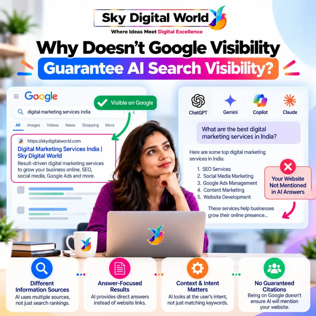 GEO Services India infographic explaining why Google search rankings do not guarantee AI search visibility, featuring Google results, ChatGPT, Gemini and other AI platforms.