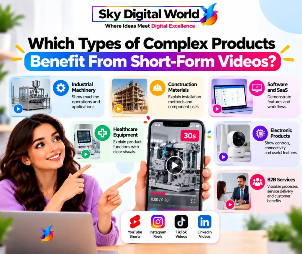 Short-Form Video Marketing infographic showing complex products such as industrial machinery, construction materials, SaaS software, healthcare equipment and electronics that benefit from short product explainer videos.