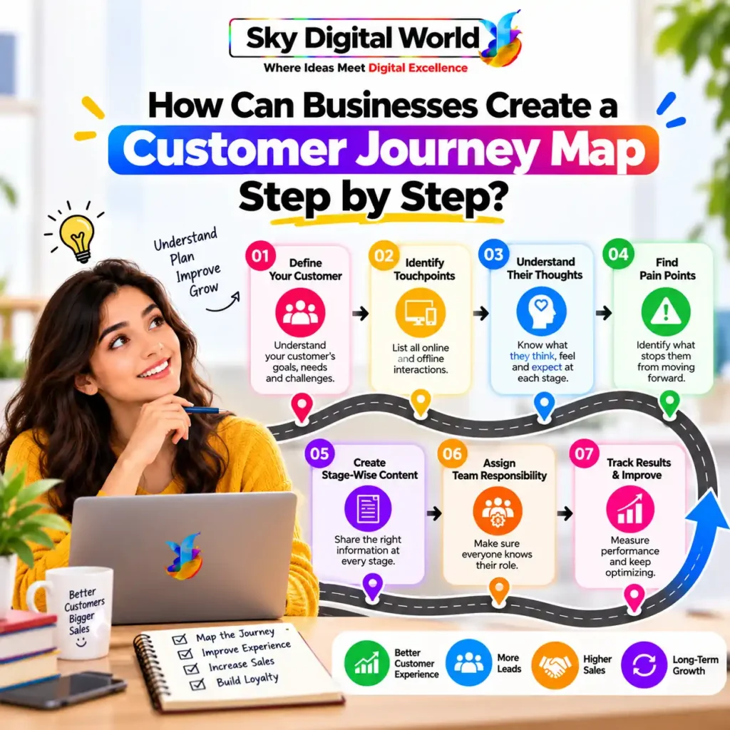 Customer Journey Mapping infographic illustrating seven steps to create a customer journey map, including customer research, touchpoint identification, pain points, content planning and performance tracking.