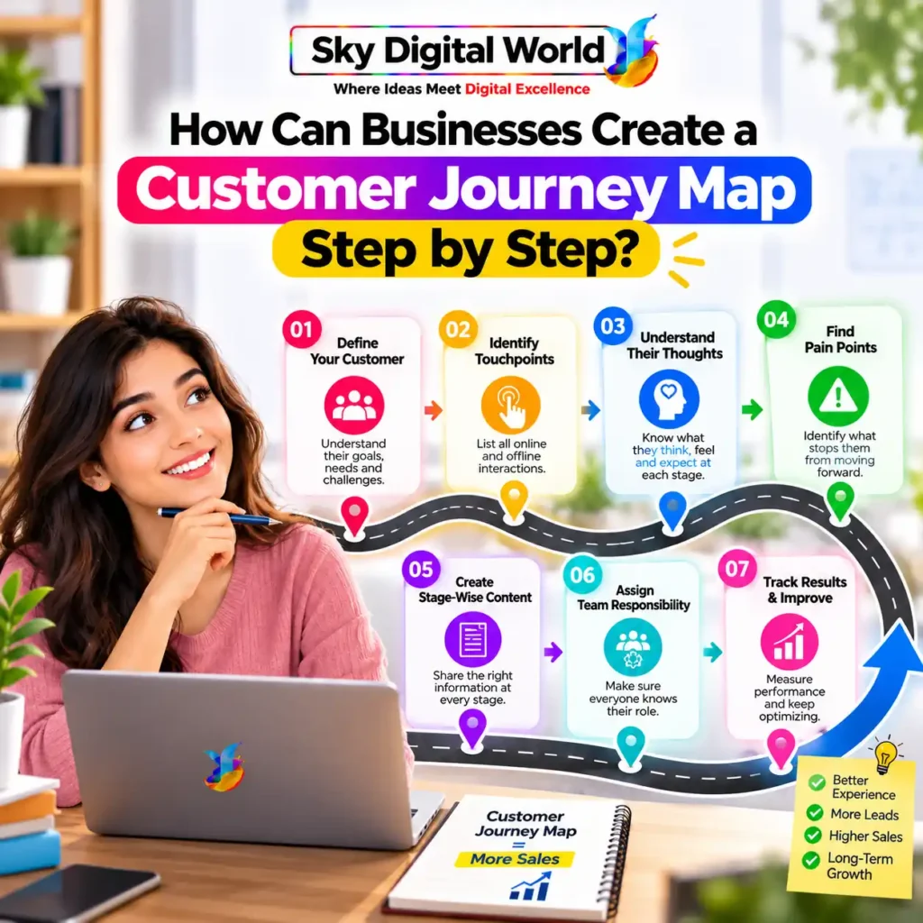 Customer Journey Mapping infographic showing seven steps to create a customer journey map, from defining customers and identifying touchpoints to tracking results and improving sales.