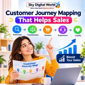 Customer Journey Mapping infographic showing five customer journey stages: Awareness, Consideration, Decision, Experience and Loyalty, with a businesswoman planning sales growth.