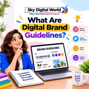 Digital brand guidelines showing brand identity, visual standards, brand voice and digital assets by Sky Digital World