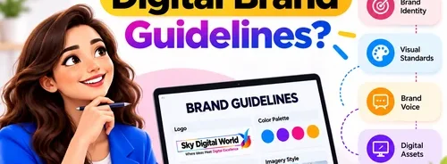 Digital brand guidelines showing brand identity, visual standards, brand voice and digital assets by Sky Digital World