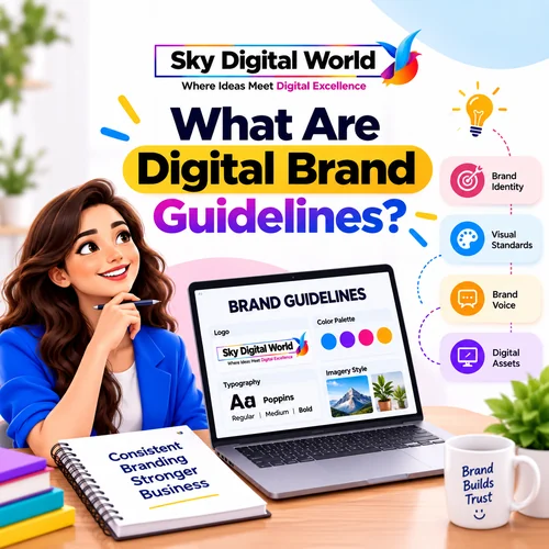 Digital brand guidelines showing brand identity, visual standards, brand voice and digital assets by Sky Digital World