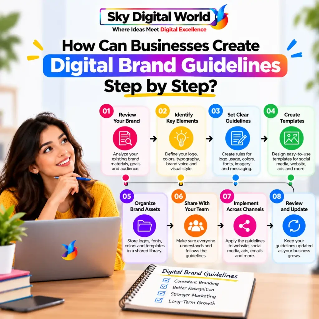 Step-by-step infographic explaining how businesses can create Digital Brand Guidelines, from reviewing brand materials and defining visual identity to creating templates and maintaining brand consistency.
