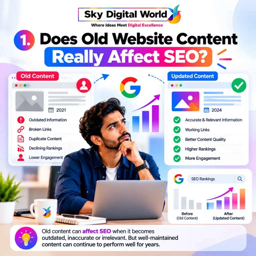 SEO Content Optimization infographic comparing outdated website content with updated pages, highlighting broken links, content quality, search rankings and engagement.