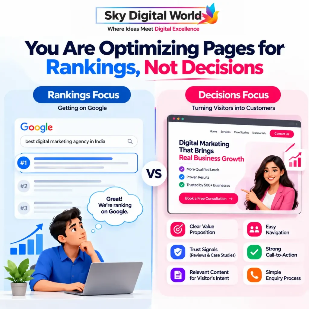 Website Conversion Optimization India infographic comparing SEO rankings with conversion-focused pages designed to turn website visitors into customers