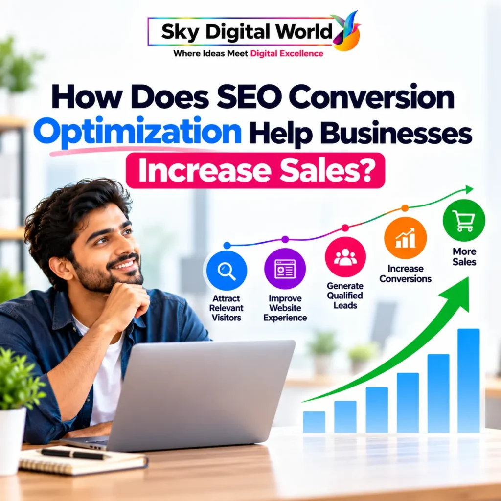SEO Conversion Optimization infographic showing how businesses can attract relevant visitors, improve website experience, generate qualified leads and increase sales.