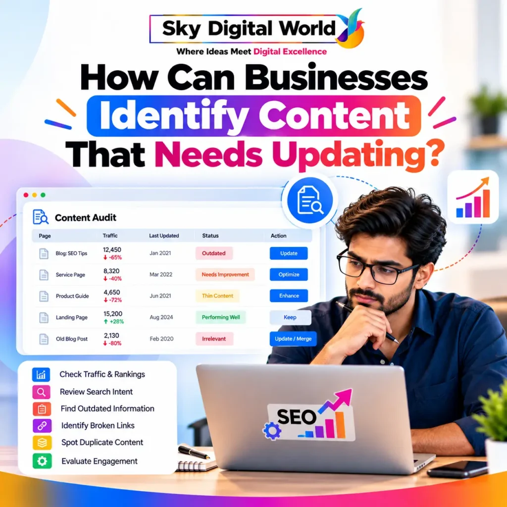 SEO Content Optimization infographic showing how businesses identify outdated website content through content audits, declining organic traffic, search intent, broken links and engagement analysis.