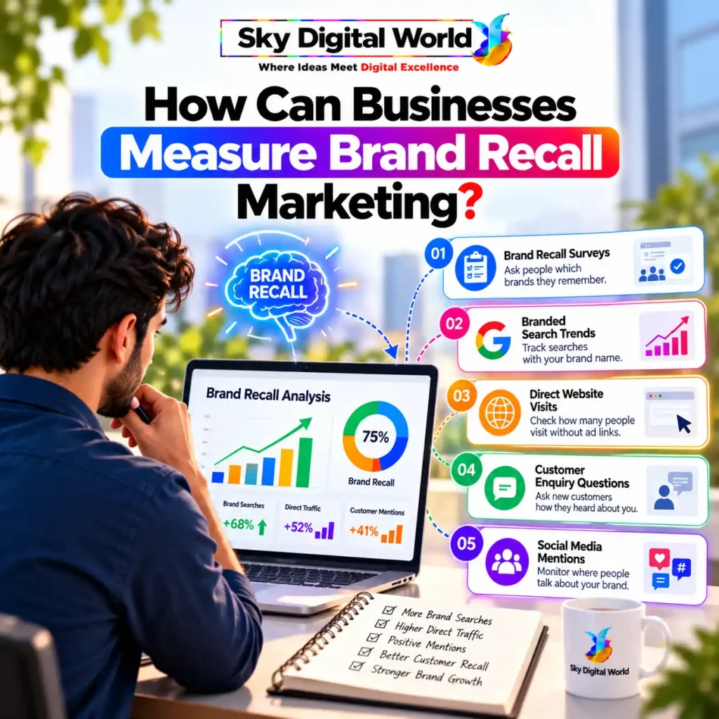 Brand Recall Marketing infographic showing five methods to measure brand awareness, including recall surveys, branded searches, direct website visits, customer enquiries and social media mentions.