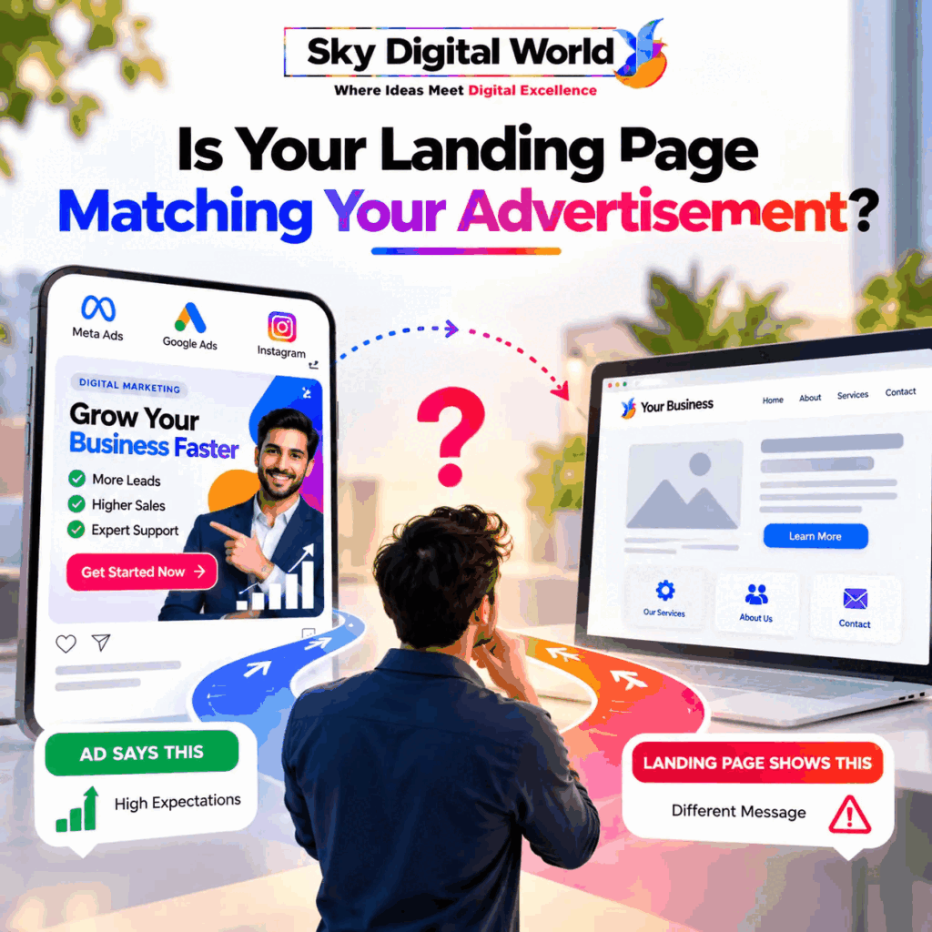 Website Conversion Optimization infographic comparing a digital marketing advertisement with a mismatched landing page, showing how inconsistent messaging can affect lead generation.